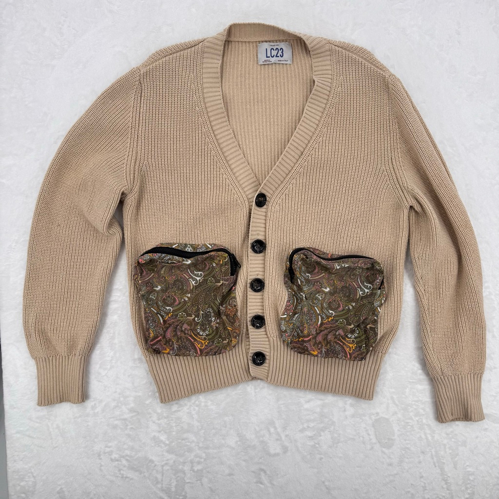 LC23 Tan Cardigan Sweater Paisley Zip Pockets 100% Cotton Made in Italy Medium